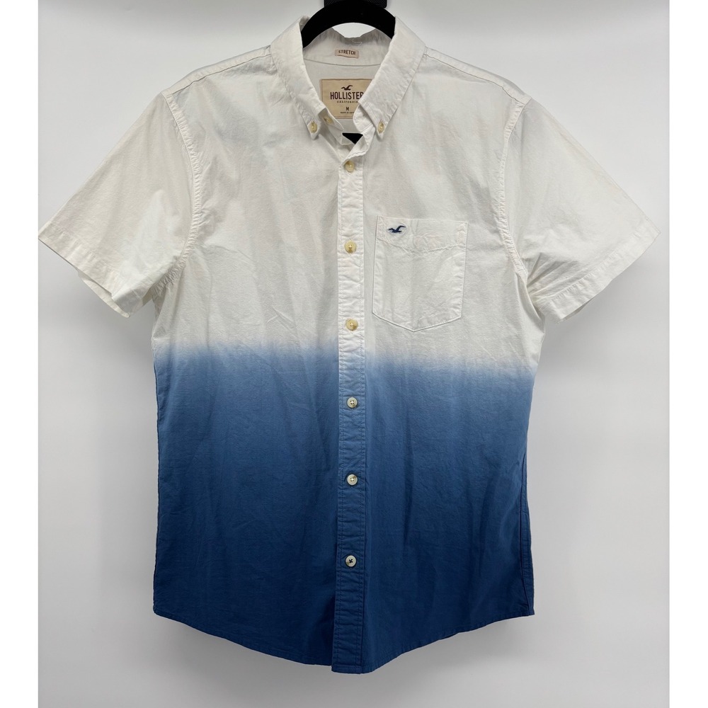 Hollister Mens Medium Short Sleeve Button Down Shirt White Blue Ombre Dip Dye
